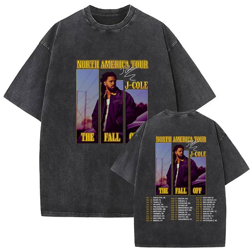 Vintage Washed J Cole T Shirts The Fall Off North America Tour Graphic Tshirt womenClothing Hip Hop Short Sleeve Tshirt