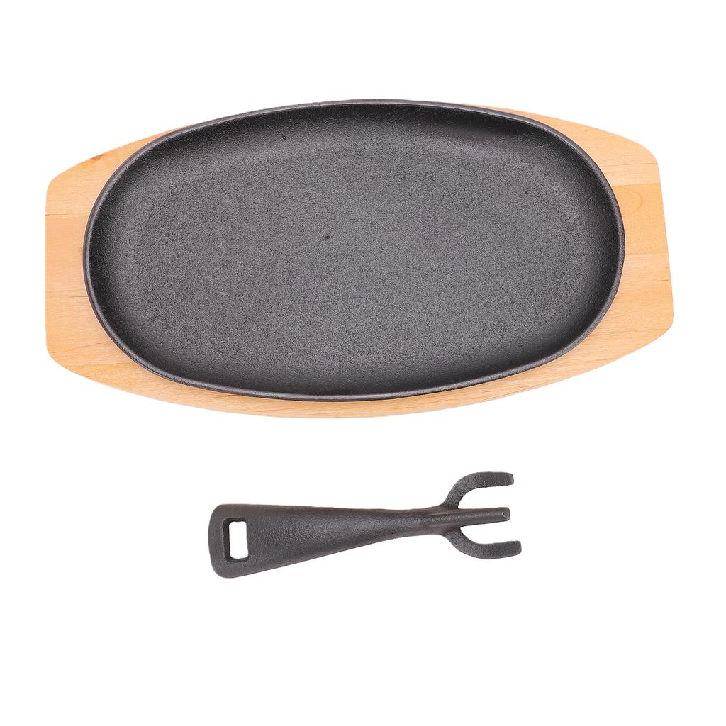 Oval Cast Iron Fajita Skillet Pan Set Small Sizzling Steak Plate with Wooden Base and Handle Sizzling Plate for