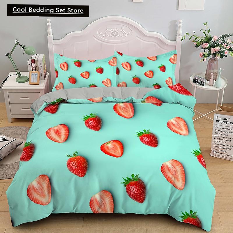 Red Strawberry Cute Bedding Set 3D Pink Lovely Summer Fruit Duvet Cover King Queen For Kids Girls 2/3Pcs Polyester Quilt Cover