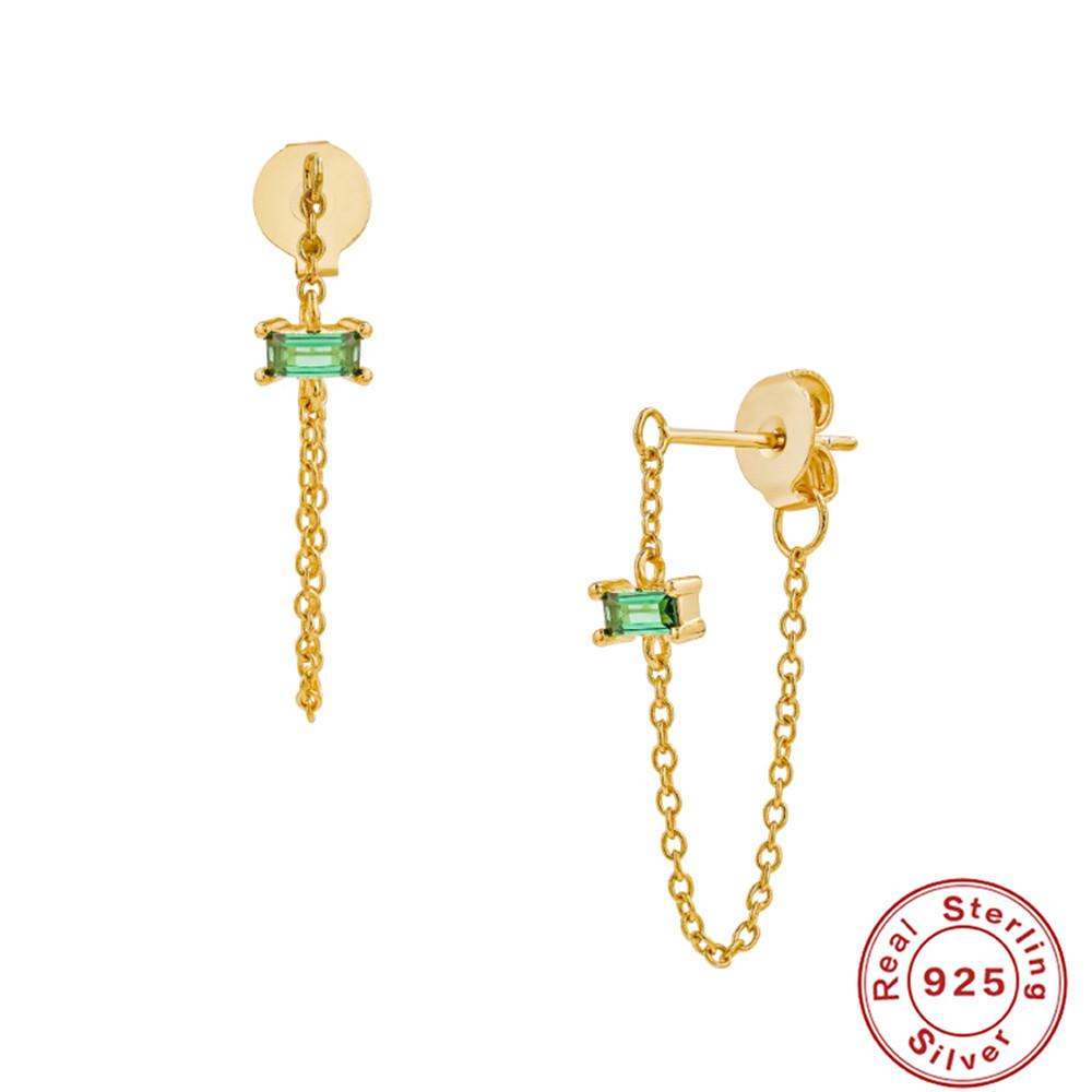 Suivez la tendance S925 Argent Sterling Chaîne simple Chaîne Boucles d'oreilles puces Zircon carré fin Écouteurs fins