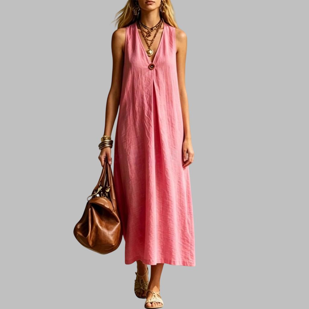 Rochie Maxi Fără Mâneci cu Decolteu în V din In pentru Femei, de Vară, Casual, Croială Largă, Rochie Lungă cu Detaliu Buton, Material Ușor și Respirabil