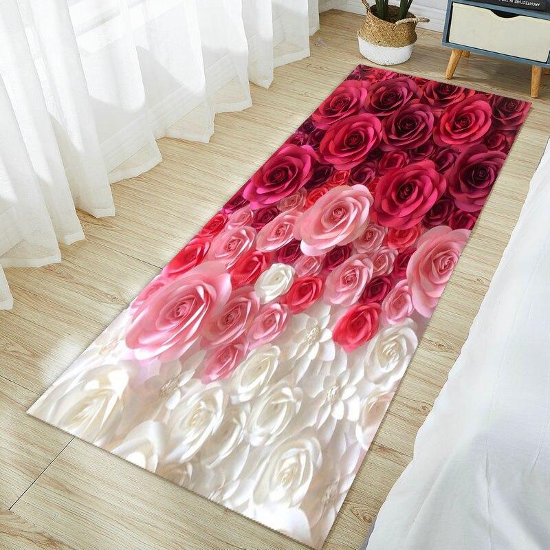 Non Slip Living Room Decorative Mat Rose Flower Washable Hallway Entry Area Rug for Bedroom Fluffy Carpet