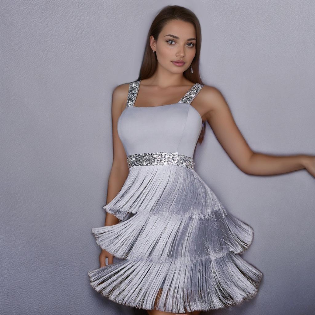 Color Block Sequin Tassel Mini Cocktail Dress