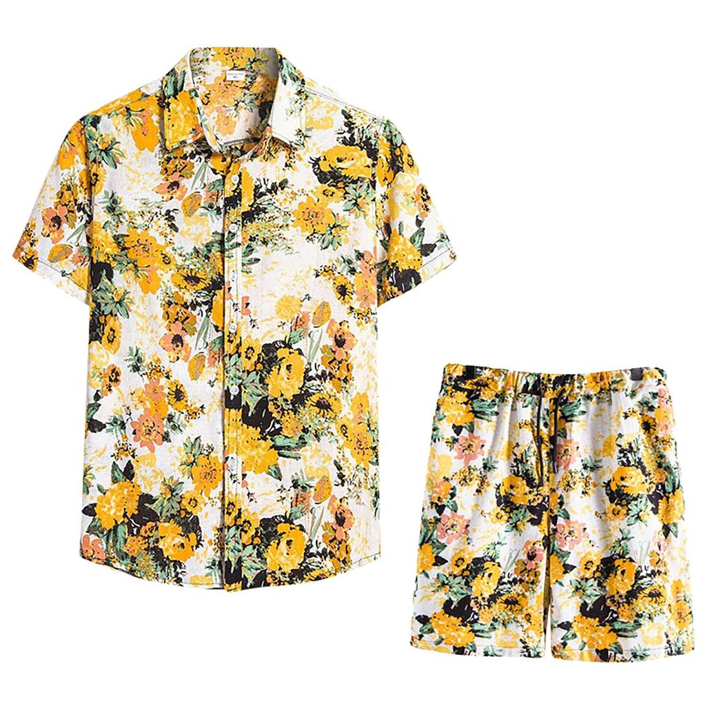 Men’s Summer 2-Piece Beach Printed Short Sleeve Shirts & Shorts Pants Sets