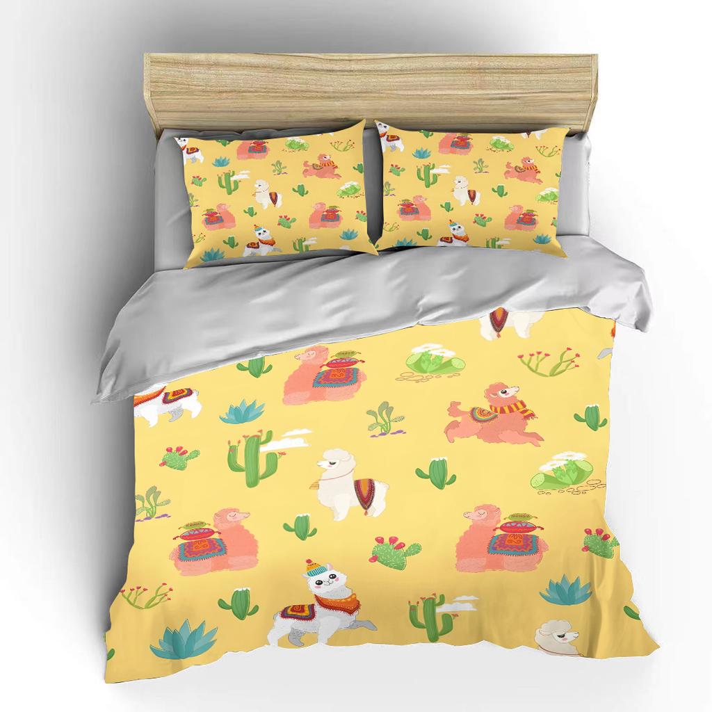 Colorful Cartoon Llamas with Cactus Print Bedding Set 1 Duvet Cover 2 Pillowcases for Adult and Children Luxury Gift Full Size