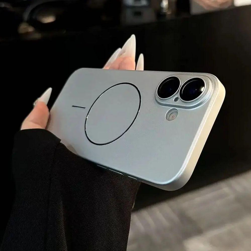 Thin Metallic Paint Magnetic For Magsafe Case For iPhone 16 15 14 13 Pro Max Lens Protection Wireless Charge Shockproof PC Cover