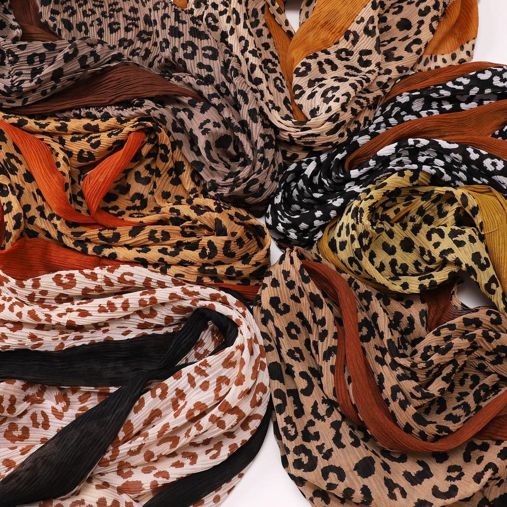New Malaysian Leopard Print Crumpled Scarf, Literary and Retro Women's Head Scarf