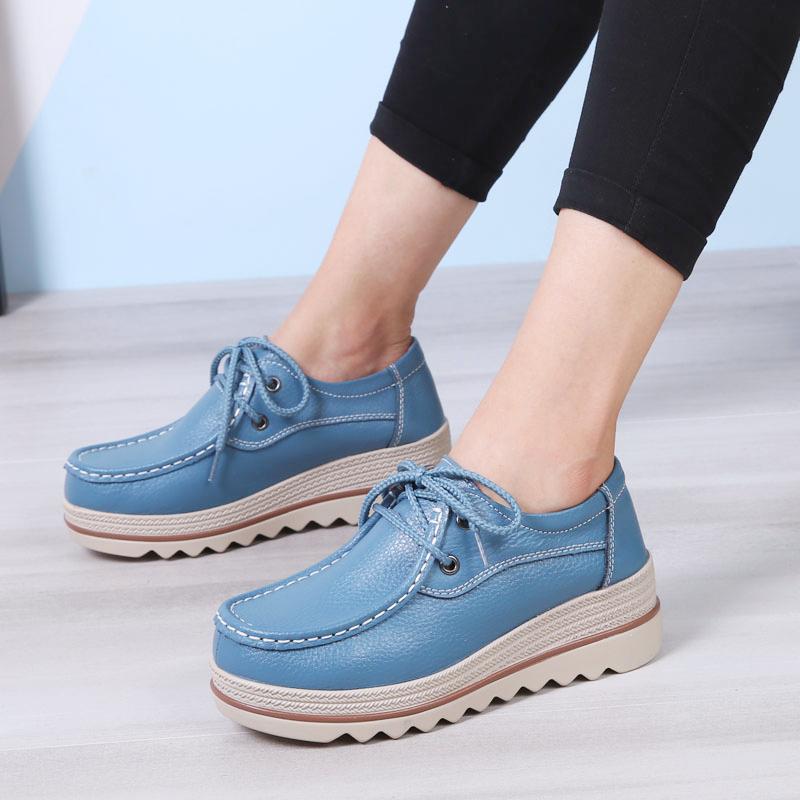 Damen Blaue Slipper Einfache Damen Plateau Creepers Lässig Slip-on Dicke Sohle Elevator Lederschuhe Übergröße