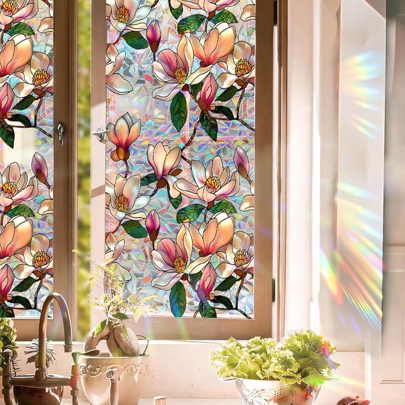 Window Film, Decorative Magnolia Flowers Stained Static Glass Window Clings Stickers for Home Office Living Room Bedroom Glass Windows Door Decor