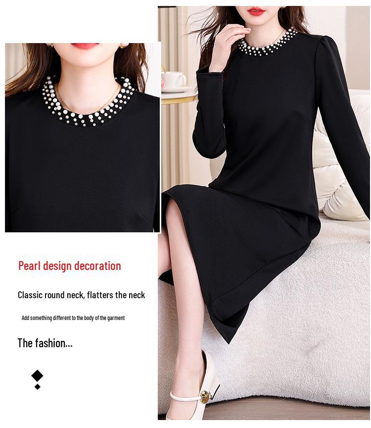Black Slim-Fit Mid-Length Dress with Pearl Accents