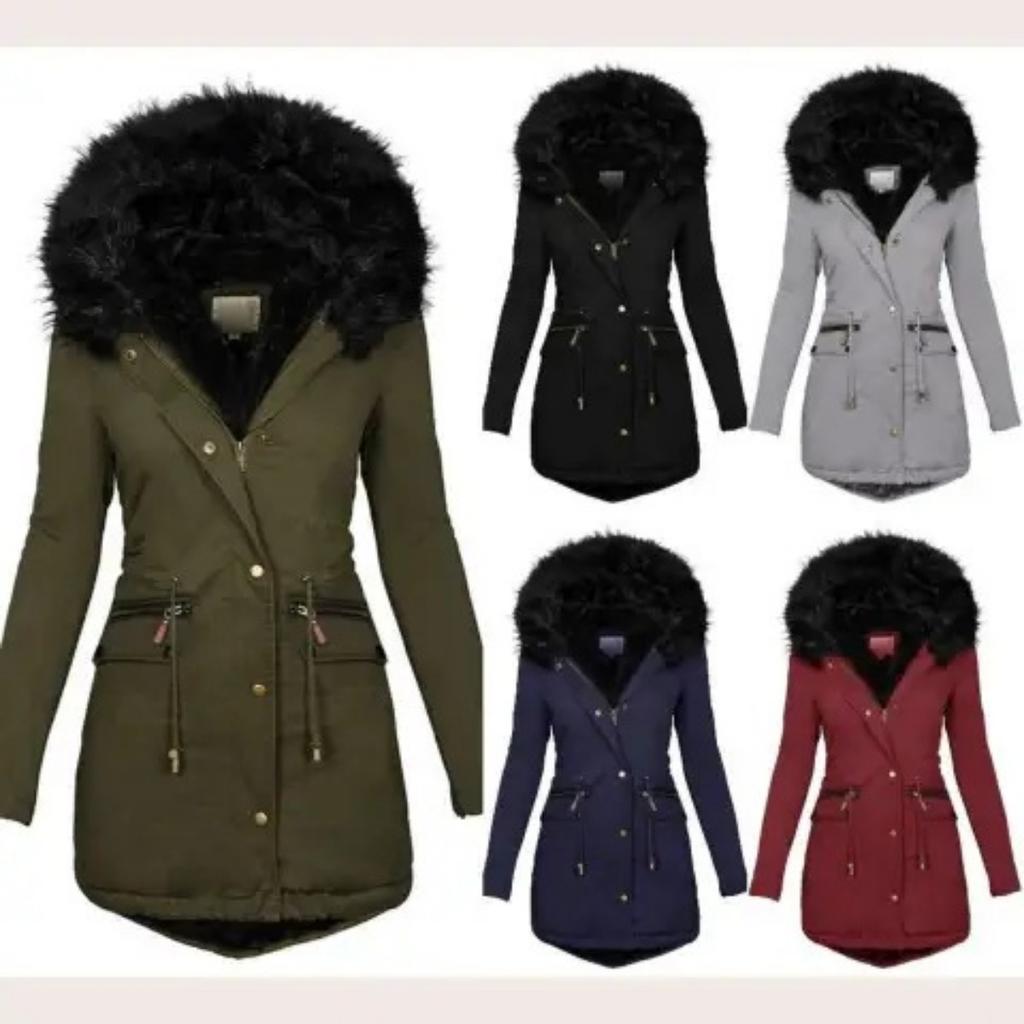 Women's Solid Color Thickened Warm Parka, Fur Collar Hooded Mid-Long Winter Cotton Padded Coat for European American Autumn Winter
