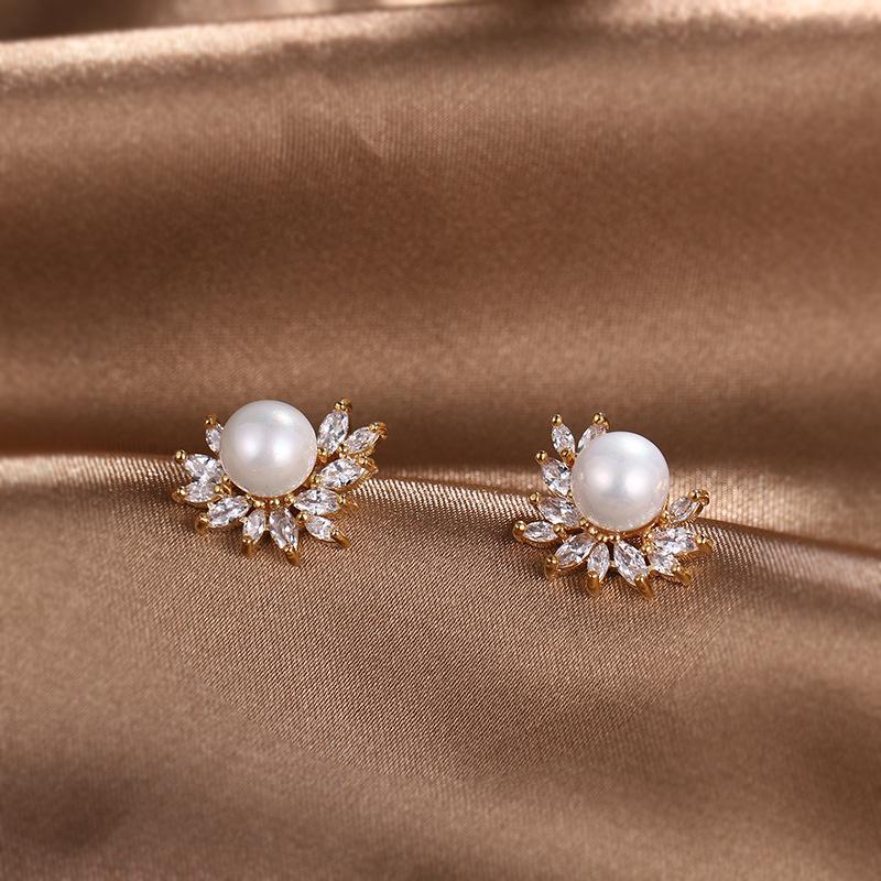 Round Pearl Earrings Stud Women Girls Fine Jewelry Silver Zircon Fashion Boucle Ooreille Femme Trendy Gifts Stud Earrings