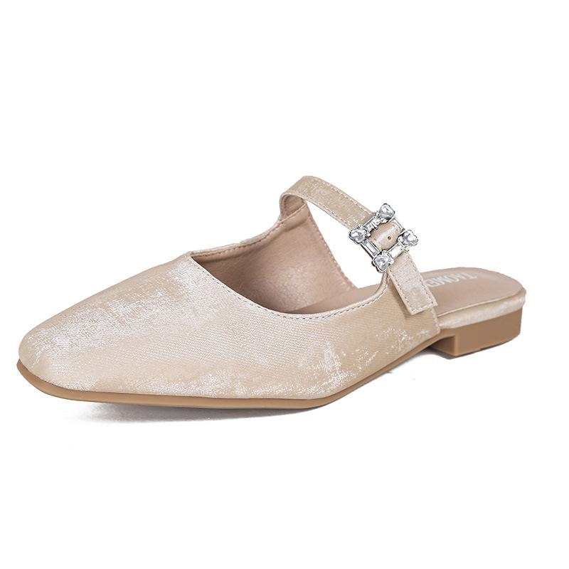 Fashion  Designer Printing Silk Slippers Women Square Toe Flat Heel Summer Shoes Ankle Strap Crystal Buckle Mules Woman Flip Flops