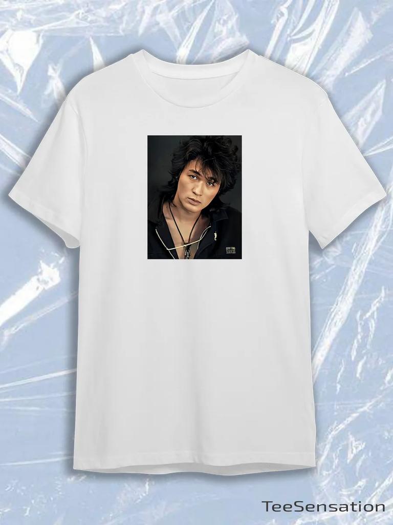 TeeSensation White Crew Neck Short Sleeve T-Shirt with Viktor Tsoi Color Portrait Necklace Print