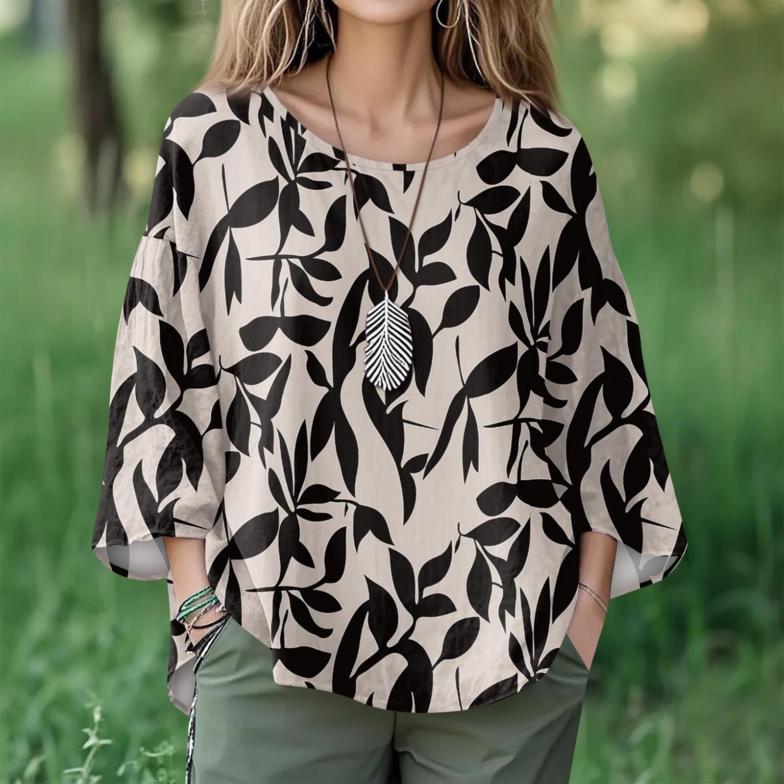 

Summer Tops For Women Cute O Neck 3/4 Sleeve Blouses Floral Print Top Casual Shirts XXL
