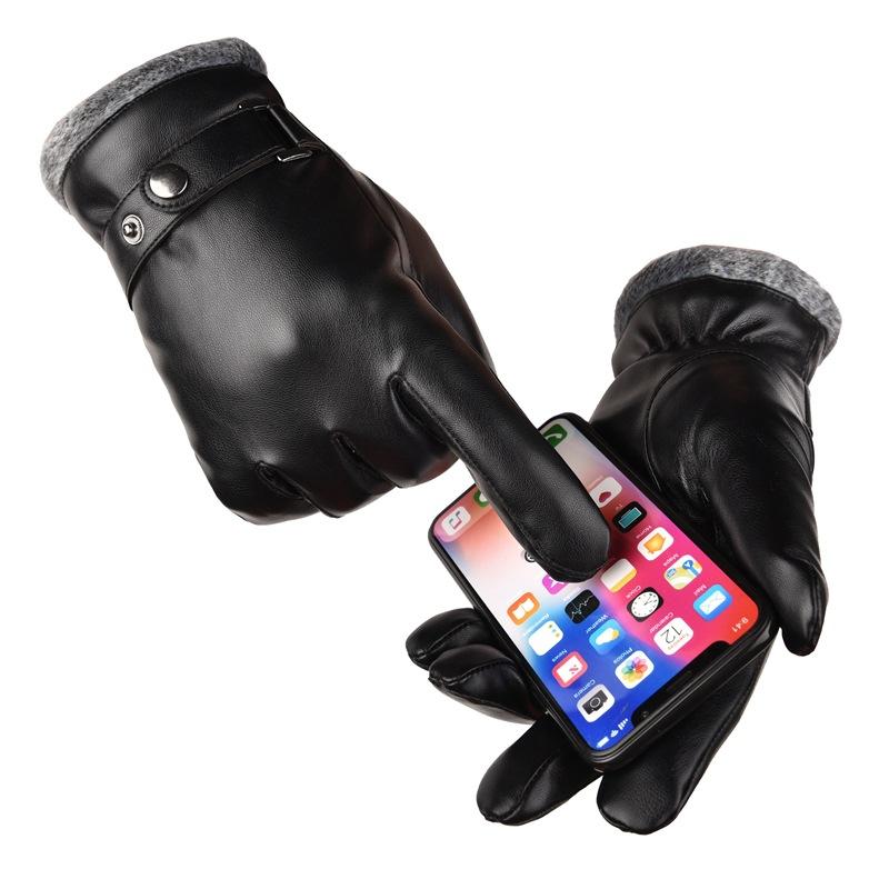 Men's Winter PU Gloves Touch Screen Driving Riding Thickened Cotton Gloves
