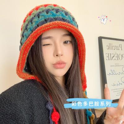 Handmade Women's Knitted Headgear Autumn and Winter Color Fringed Ball Lace-up Ear Protector Hollow Knitted Wool Cap