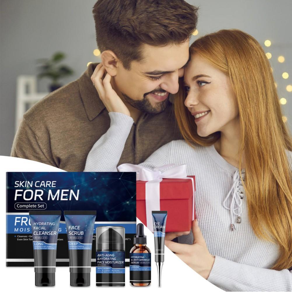 Herren Hautpflege Set Feuchtigkeitsspendender Gesichtsreiniger/Gesichtspeeling/Anti-Aging Gesichtsfeuchtigkeitspflege/Anti-Falten Serum/Augencreme 5 Stück