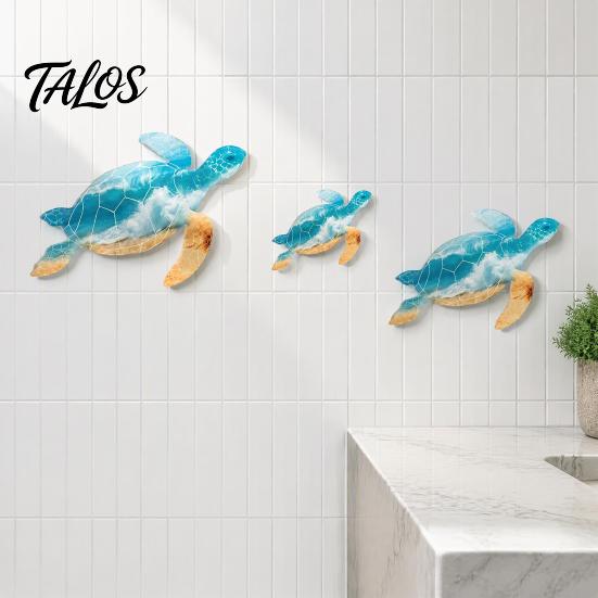 No Drill Wall Art 3Pcs Wooden Turtle Art, Ocean Theme Hanging Ornaments for Bathroom Coastal Resort Living Room Bedroom, Beach Style Decorations with