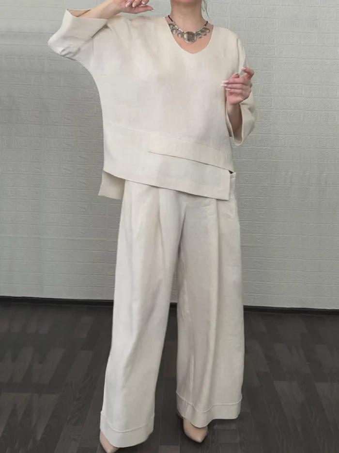 Women's V-Neck 3/4 Sleeve Top with Wide Leg Pants Set, Casual Loose Fit Outfit, Pocket Details