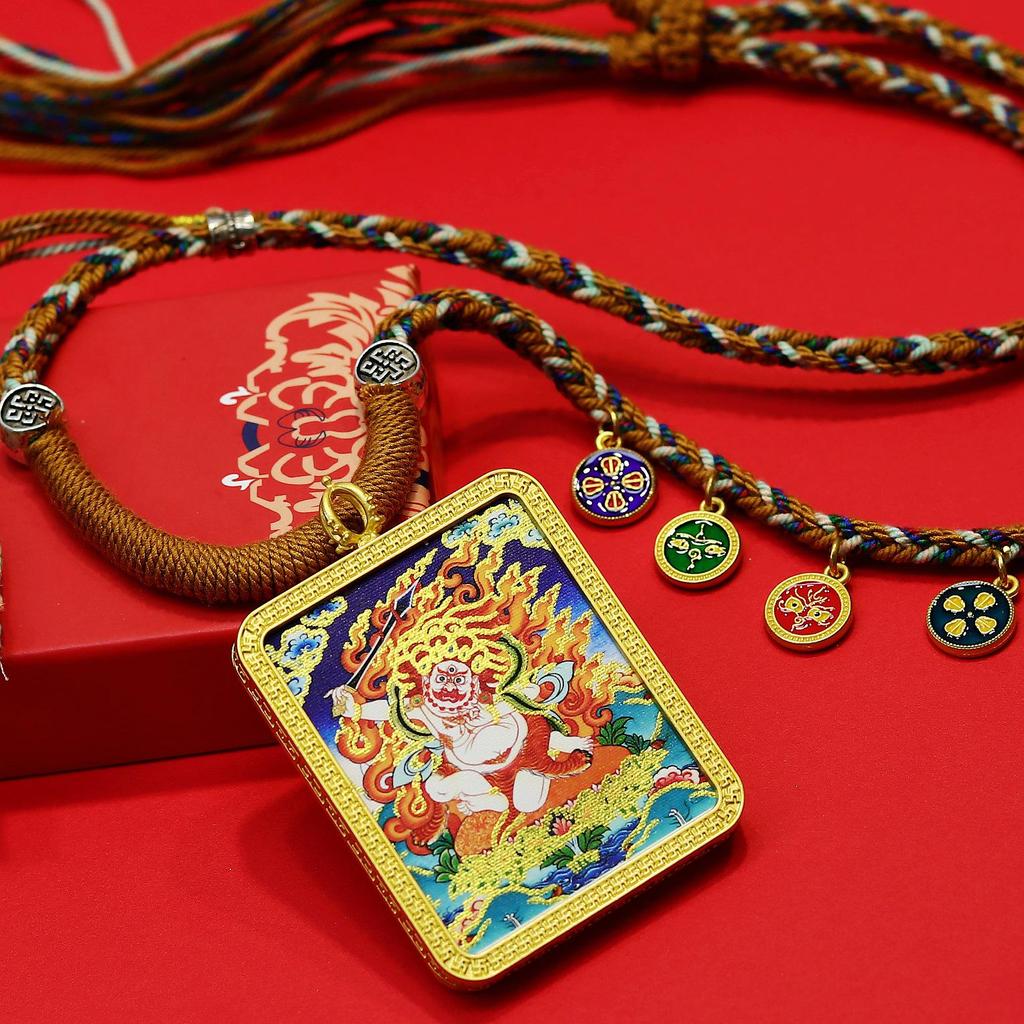 Regong Hand-Painted Gold-Inlaid Eight Protectors Thangka Zodiac Buddha Amulet Necklace Pendant