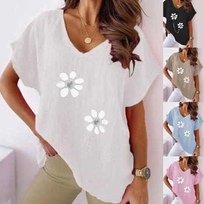 Sommerliches T-Shirt mit Blumendruck V-Ausschnitt Lässig Kurzarm Sommeroberteile