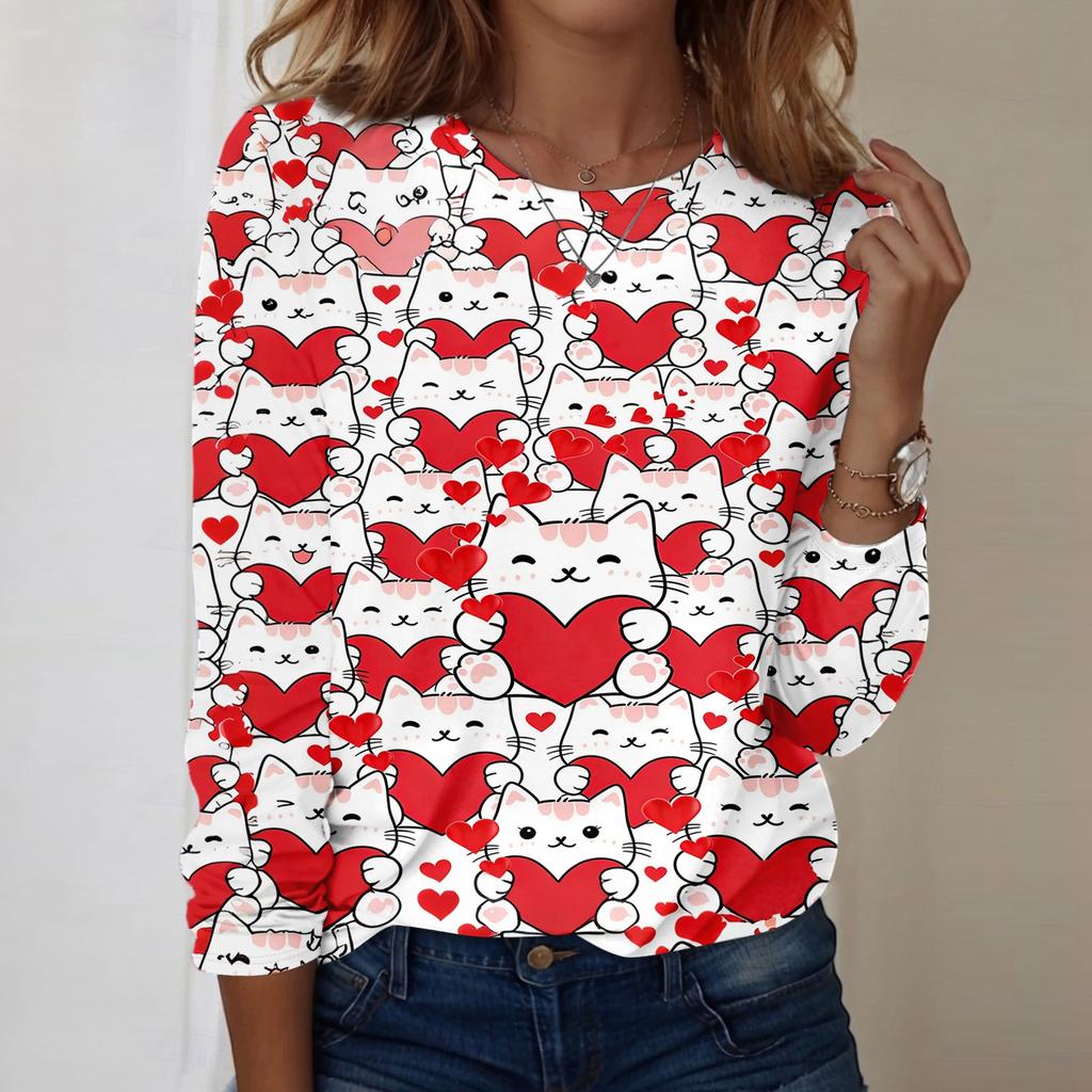 Damen Rundhals-Oberteil mit Herz-Print, locker, langärmelig