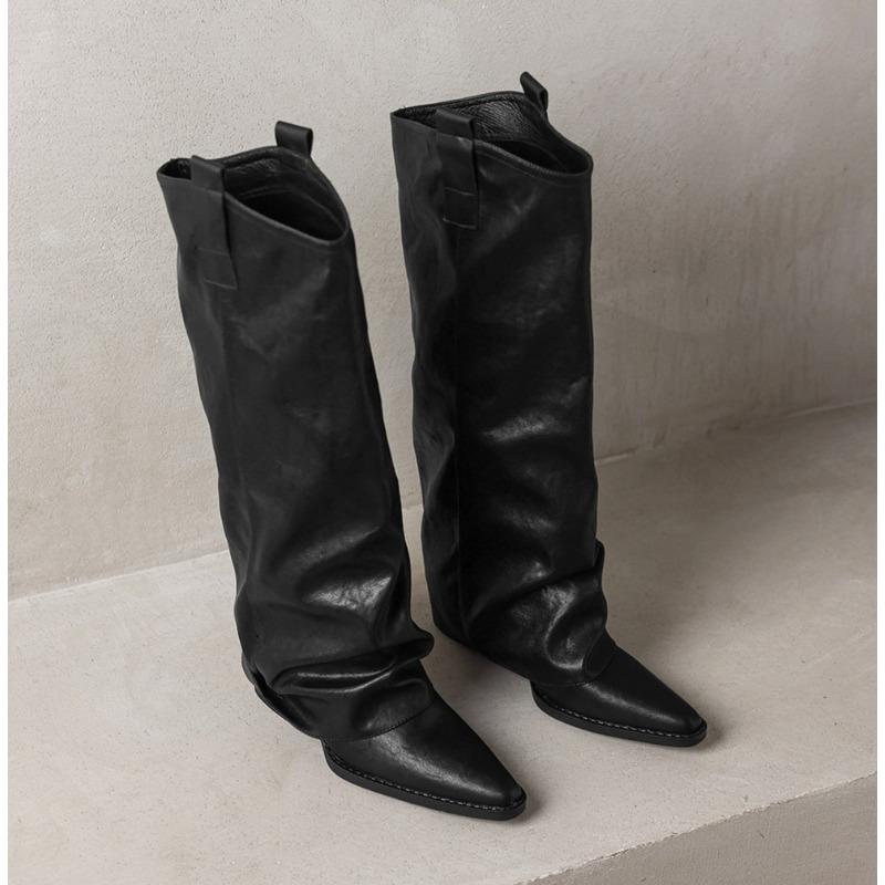 

New Long Boots New Designer Punk Gothic Style Vintage Motorcycles Western Boots Women Black Rivets Knee High Boot Shoes 42