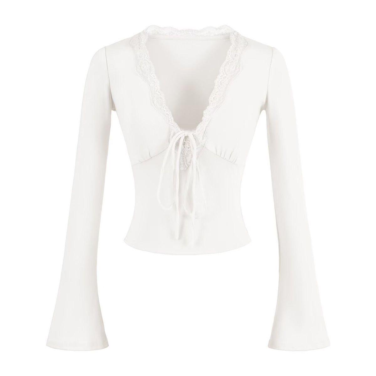 Женский фиолетовый топ с кружевной аппликацией, V-образным вырезом, длинным рукавом, стройнящий, осенне-зимний Extra Large белый