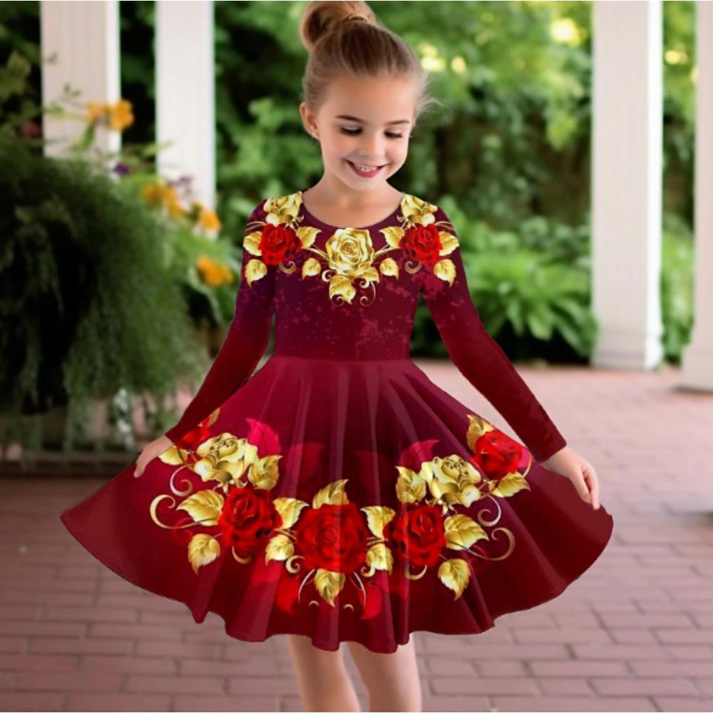 Vestito Casual da Bambina con Stampa Floreale 3D, Girocollo, Manica Lunga, Vestito da Principessa per Bambini