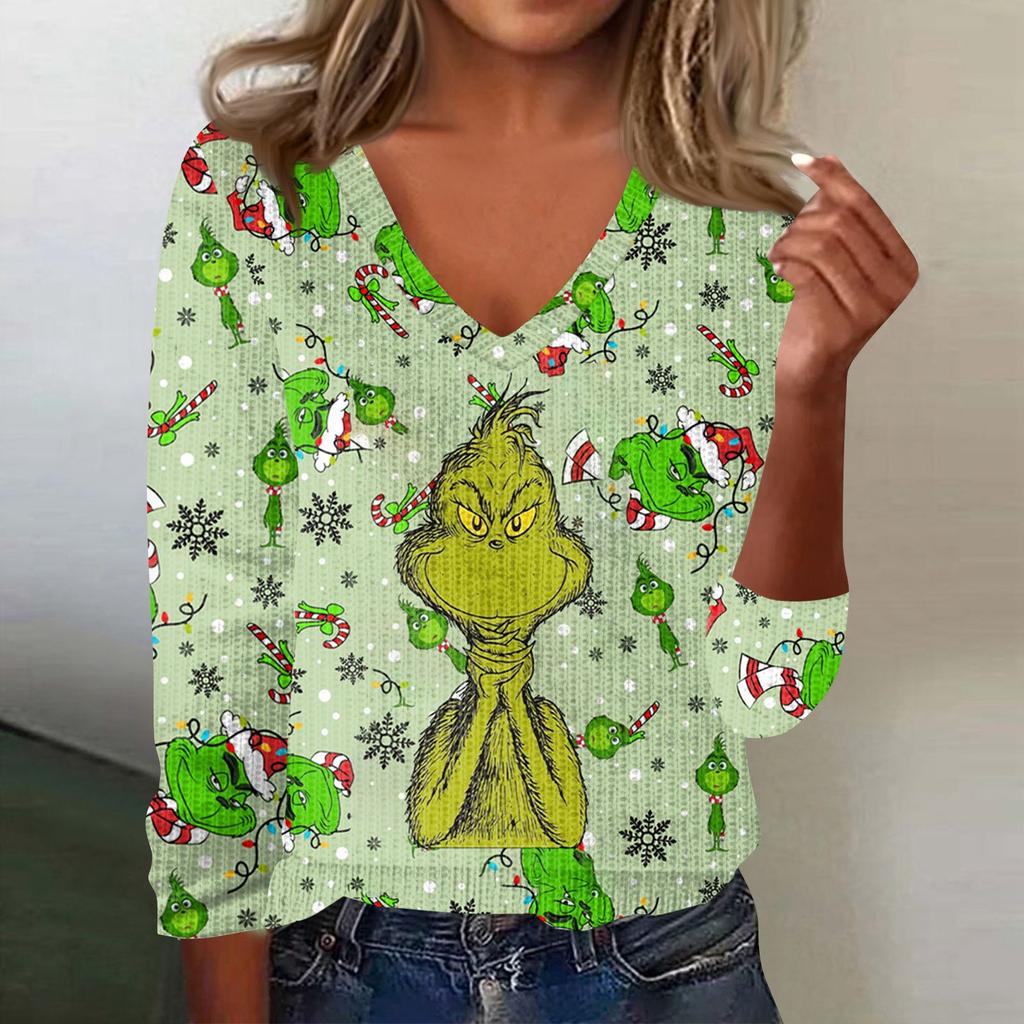 Women's Cute Sweatshirt Knitted Fashion Casual V-neck Long-sleeved  Cozy Print Top