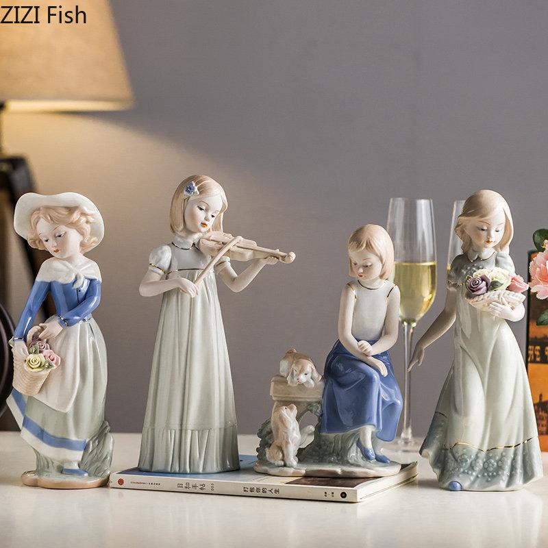European Girl Character Ceramic Statue Desk Decoration Cute Girl Porcelain Crafts Painted Figures Sculpture Modern Home Decor