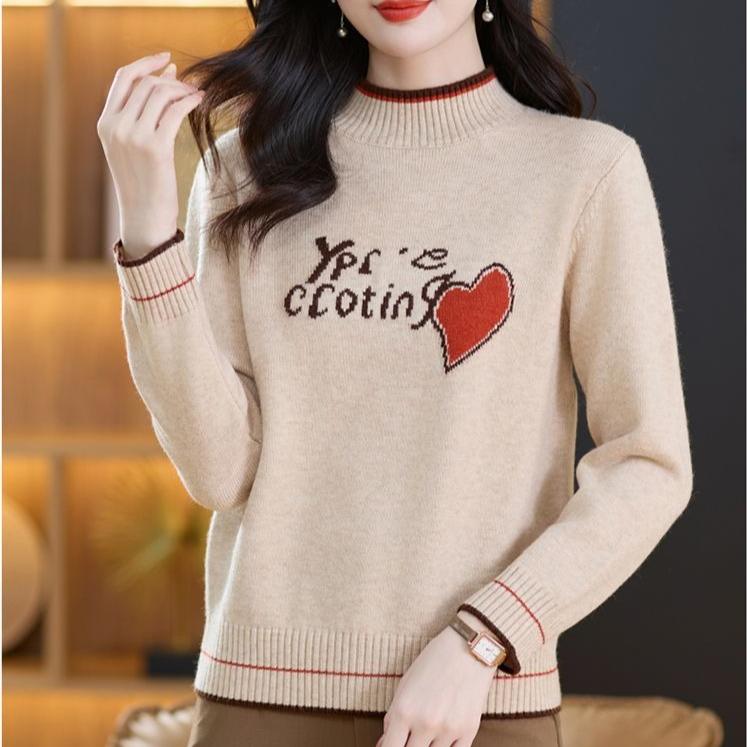 Women's Thickened Wool Sweater Autumn Winter Half-High Neck Printed Wool Sweater Loose Knit Pullover Top