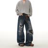 Unisex Retro High Street Patch Ripped Camo Jeans: Loose Fit, Straight-Leg