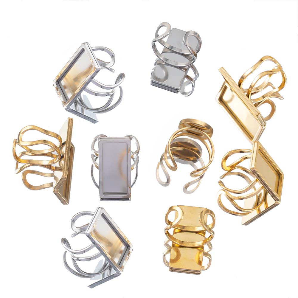 4pcs Stainless Steel Square Flat Blank Base Open Adjustable Rings Settings Round Oval Resin Cabochon Trayer Bezel Jewelry Making