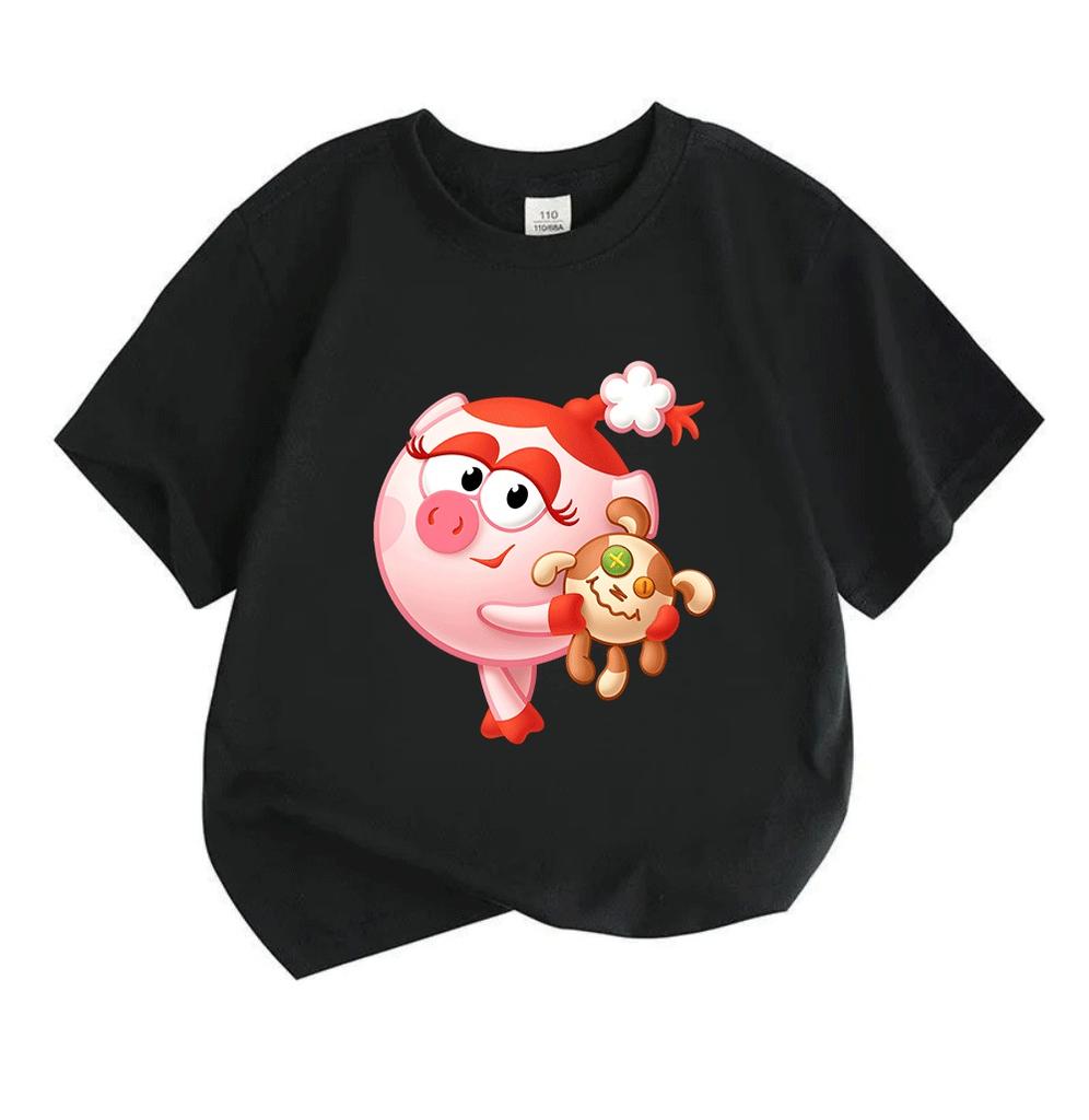 Kids Boys Girls Crew Neck Short Sleeve 100% Cotton T-Shirt Cute Cartoon Pink Pig Character Print Casual Soft Breathable Tees for Toddlers