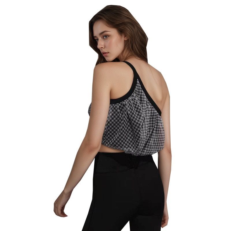 One Shoulder Gingham Beauty Back Exercise Bra Women's Oblique Shoulder Yoga Intimates Outwear Running Workout Vest with Chest Pad Slim Looking