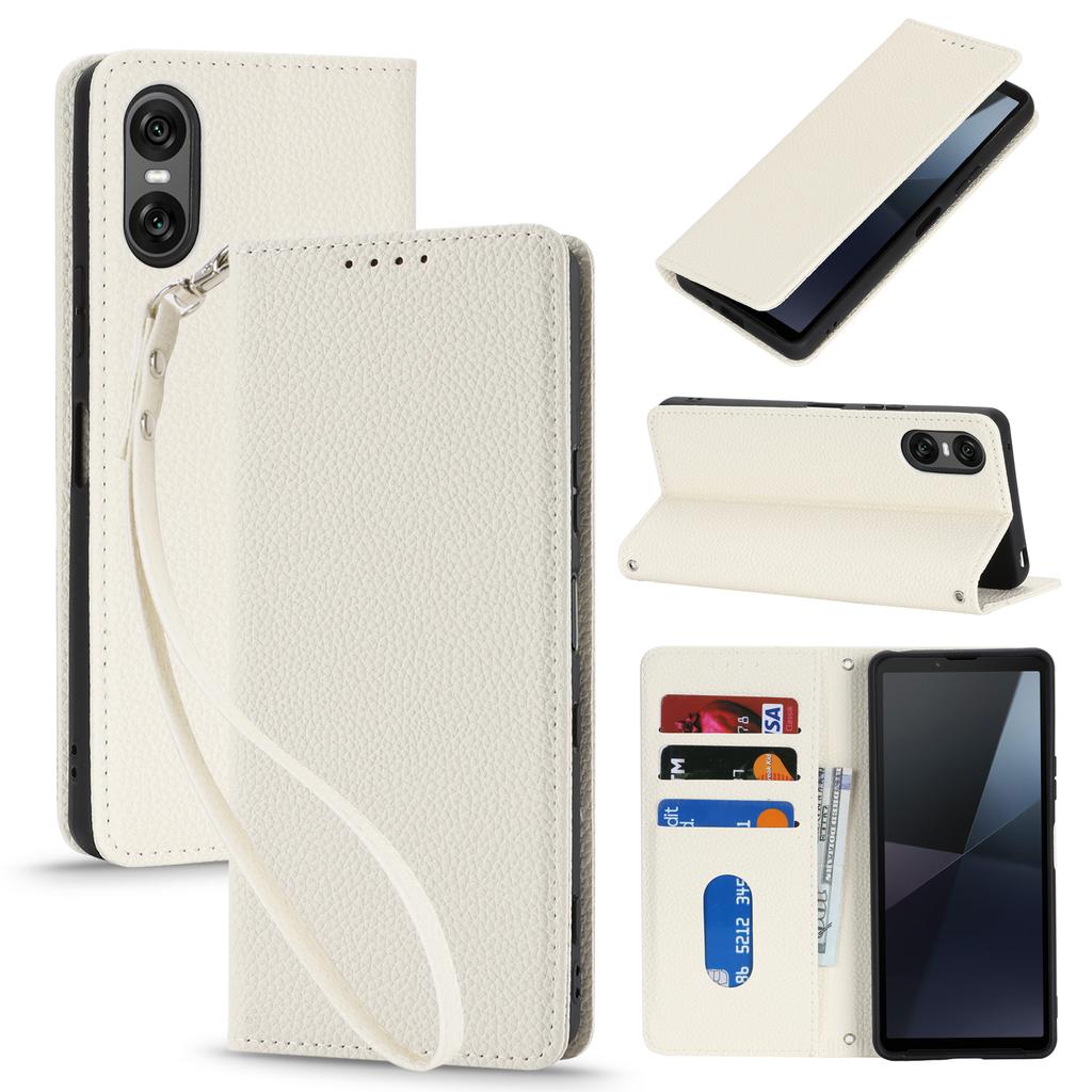 For Sony Xperia 10 VI Case Stand Wallet Litchi Texture Leather Flip Phone Cover with Strap