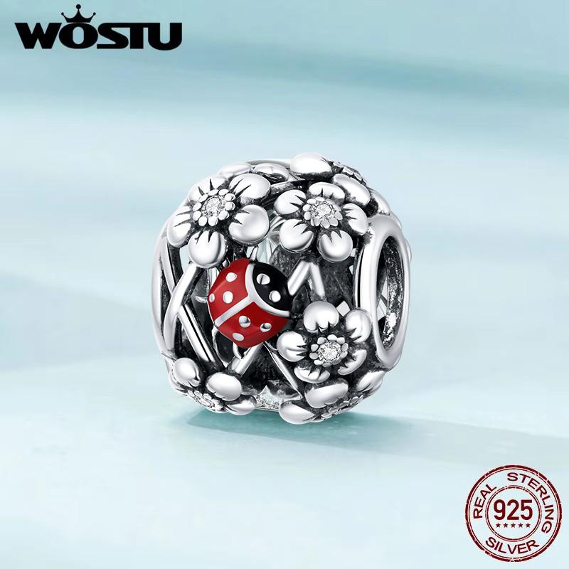 WOSTU Real 925 Silver Heart Beads Flower Retro Pattern Charms Pendant Fit Original DIY Bracelet Necklace Silver Jewelry
