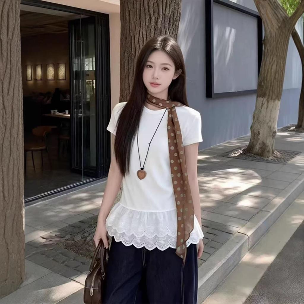 Cotton French Crew Neck Lace Splicing Long Sleeve T-Shirt Women's Summer Slim Skinny Age Reducing Bottom Top