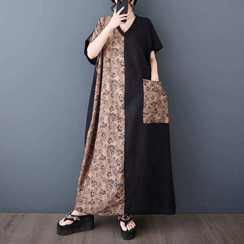 Короткий рукав Плюс размер Хлопок винтажный цветочный новый в платьях для женщин повседневное свободное макси длинное летнее платье