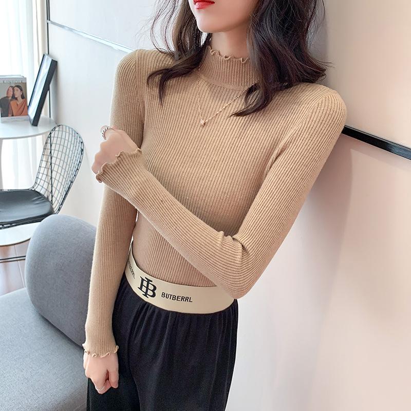 Sweter damski szczupły seksowny dzianinowy golf Ruched wysoki elastyczny solidny modny sweter damski swetry