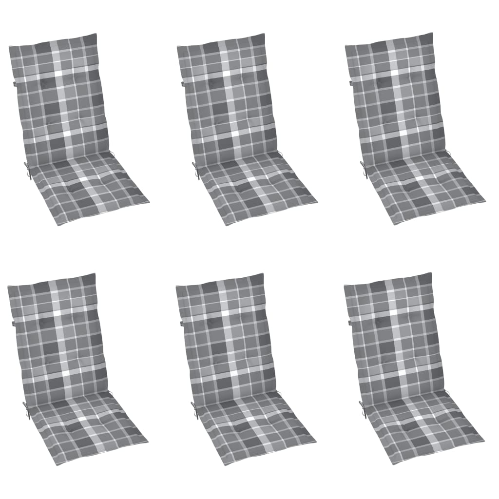 Vidaxl Garden Chairs, 6 Pcs, With Grey Checkered Cushions, Teak
