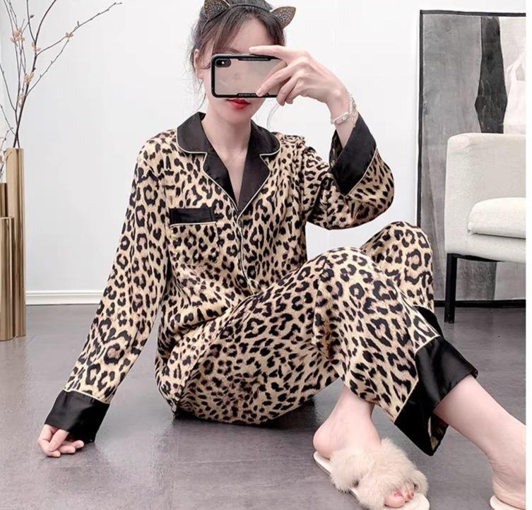 [Original] Leopard print ice silk pajamas women's 1011 new spring and autumn thin long-sleeved two-piece set loungewear summer