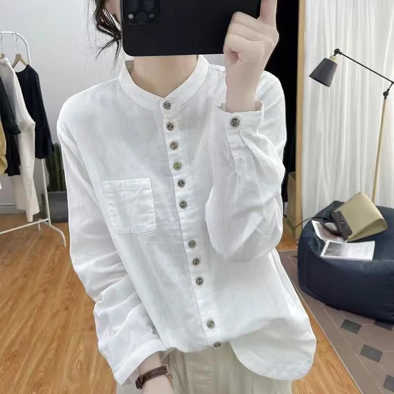 Women's Spring and Autumn Loose Long Sleeved Retro Shirt with Stand Up Collar and Single Breasted Design, Artistic Top