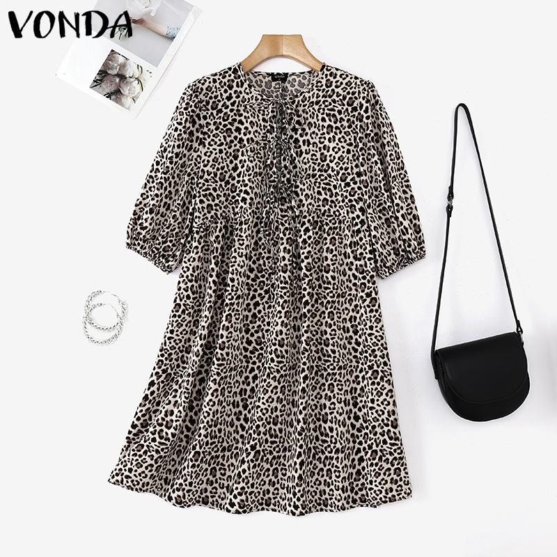 VONDA Damen Sommerkleid mit Puffärmeln und Leopardenmuster, lässiges Sommerkleid