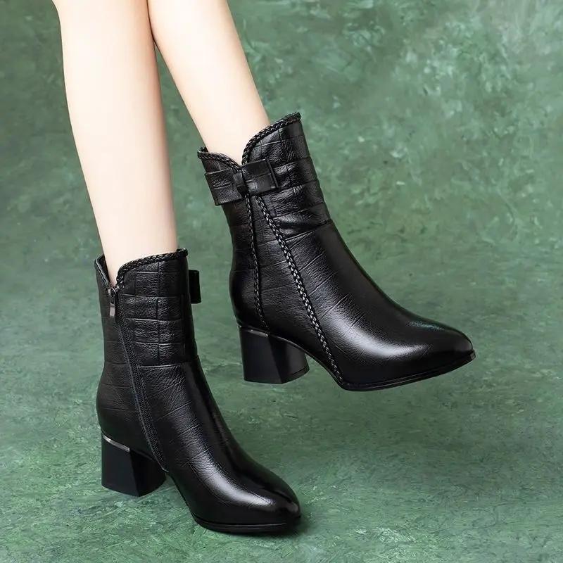 Fashion British Style Black Middle Heel Women's Half High Boots on Offer Sale Gothic Comfortable and Elegant Chic Ladies Mid Calf Shoes