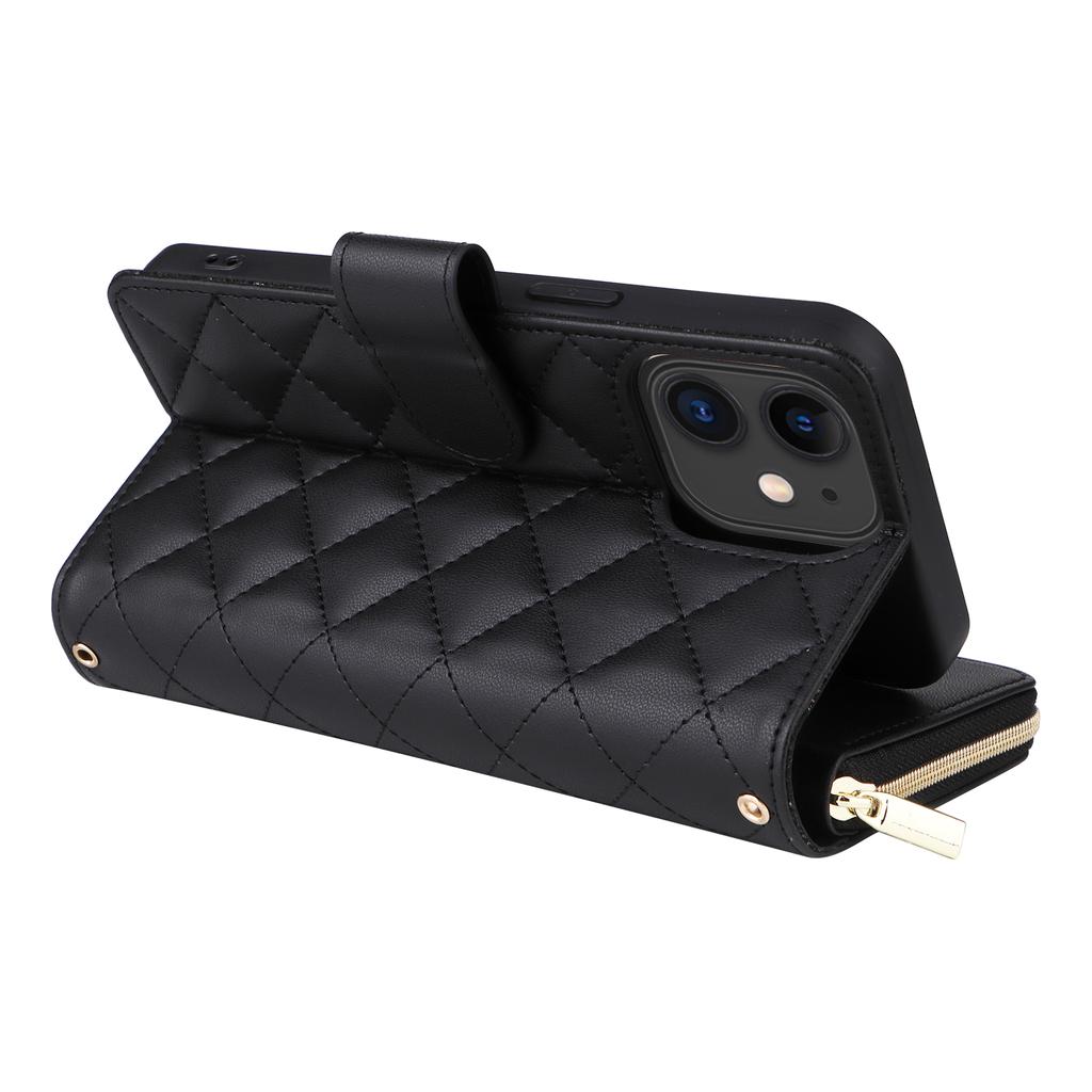 For iPhone 11 Case Leather Zipper Wallet Rhombus Phone Cover with Shoulder Lanyard