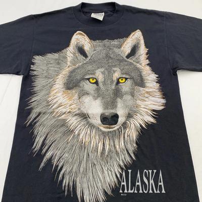 Vintage 90er ALASKA WOLF T-Shirt MEDIUM Natur Wildtier Holz