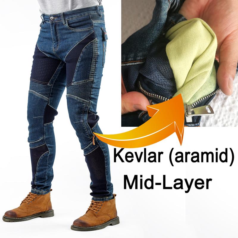 Men Kevlar Motorcycle Jeans Cooling Summer Riding Pants with CE Knee Armor Protective Blue Black